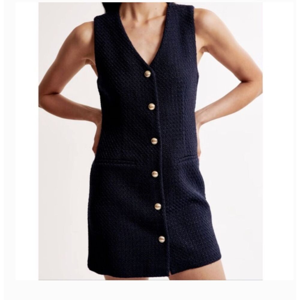 Abercrombie Mara Tweed Vest Mini Dress M Navy Brass Buttons Old Money Academia